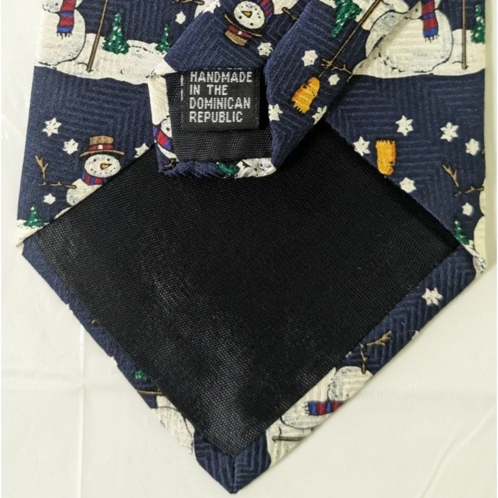 Robert Stock Hand Made Blue Silk Tie Geometric Striped Christmas Snowmen 56x4